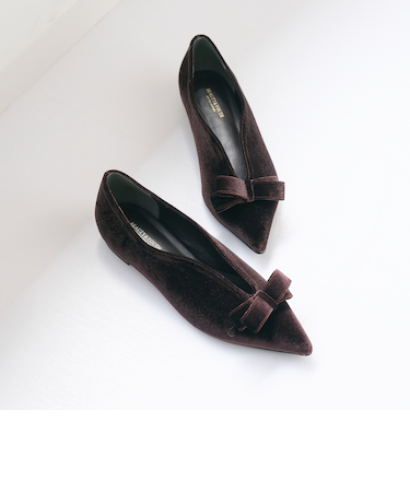 ベルベット リボン Vカット フラットシューズ