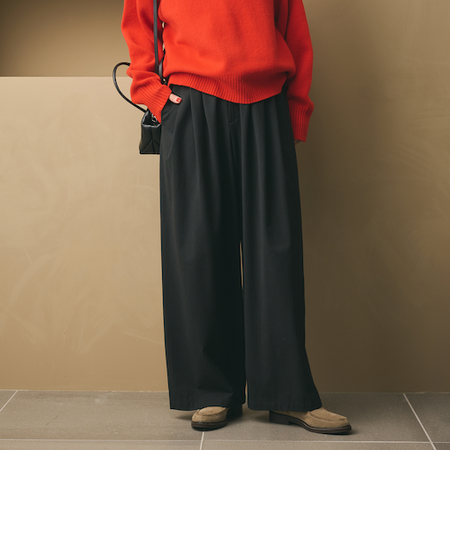 毛ポリエステルレーヨンブレンド ワイドタックパンツ