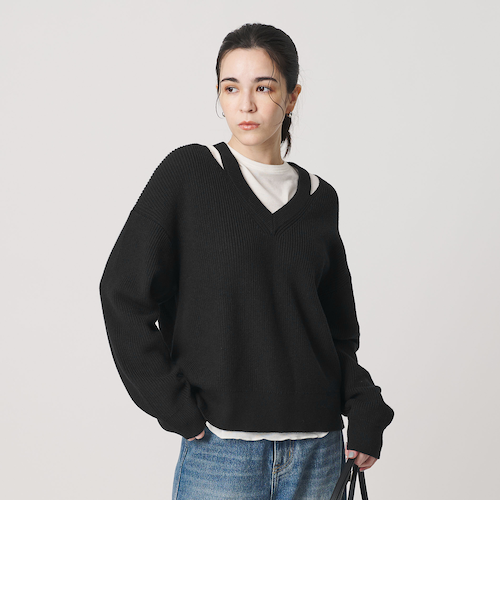 アゼ スリットVネック ニットプルオーバー ウォッシャブル