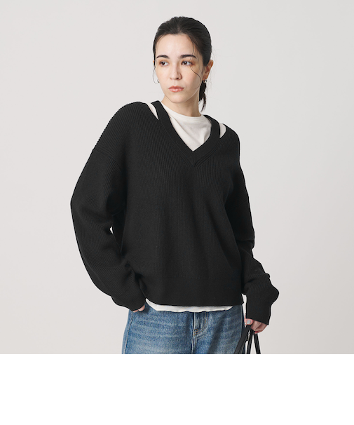 アゼ スリットVネック ニットプルオーバー ウォッシャブル