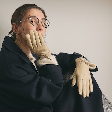 レザー×スエード コンビ リボン グローブ