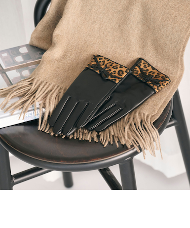 レザー×レオパードスエード コンビ リボン グローブ