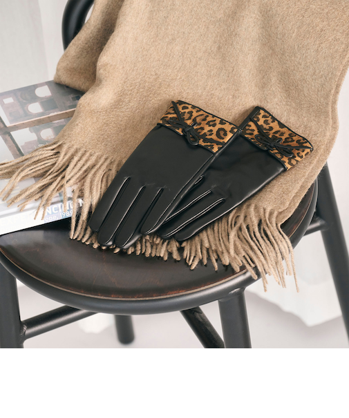 レザー×レオパードスエード コンビ リボン グローブ