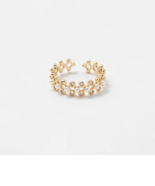 プレイド パールモチーフ×ビジュー リング