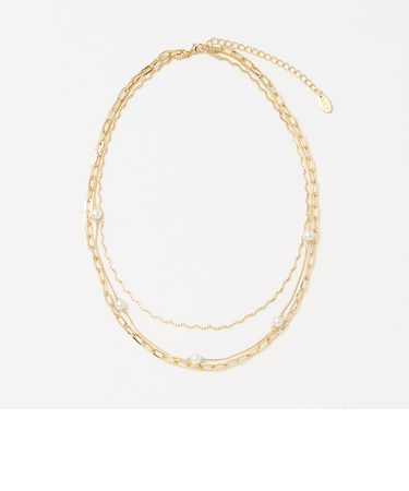 パールモチーフ×ミックスチェーン 3連 ネックレス