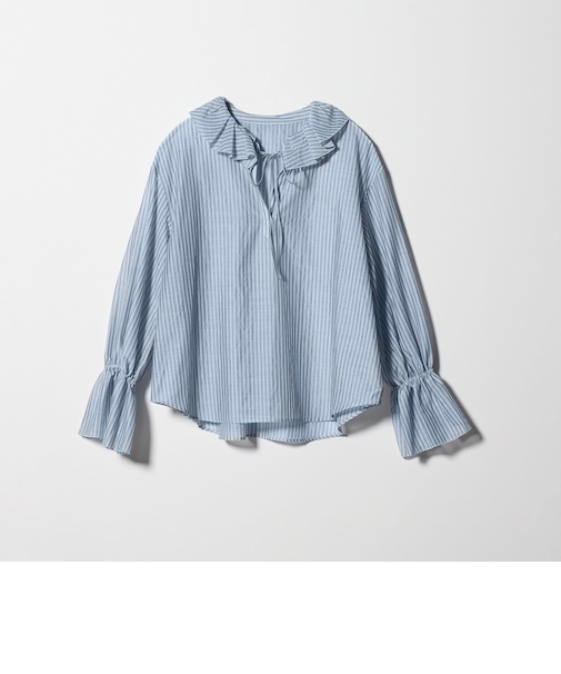 ストライプ ラッフル スキッパーブラウス ウォッシャブル