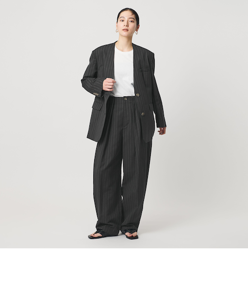 麻ブレンド ストライプ タブ タックパンツ