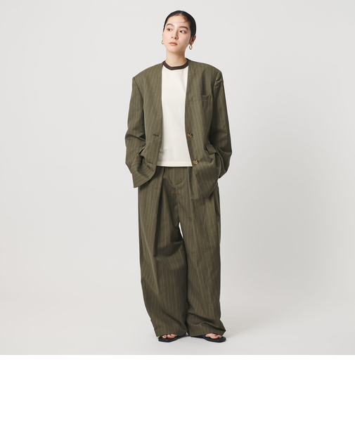 麻ブレンド ストライプ カラーレス ジャケット