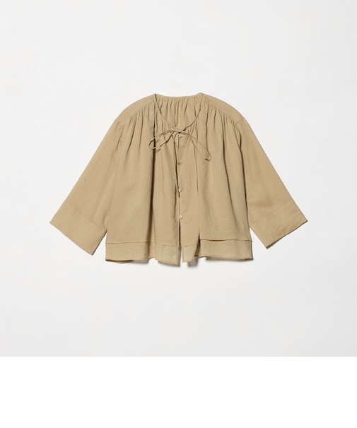 麻ブレンド フロントリボン ティアード シャツ ウォッシャブル