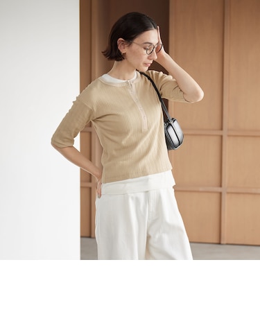 【WEB限定】ランダムリブ ヘンリーネック スナップ 5分袖Tシャツ