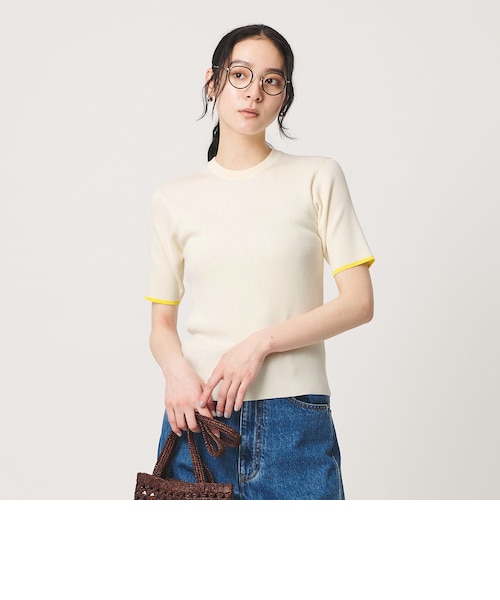 【美品】ユナイテッドアローズ リブボリュームスリーブニット オフホワイト リブライン ショートスリーブ ニットプルオーバー ウォッシャブル