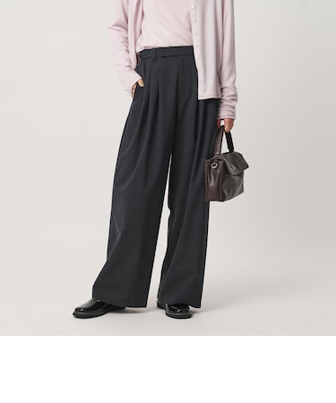 毛ポリエステルブレンド ワイドタックパンツ 防シワ ウォッシャブル