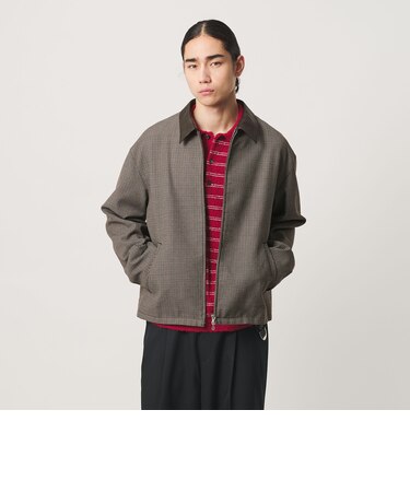 ウールミックス ツイル チェック レザーライク カラー ジャケット