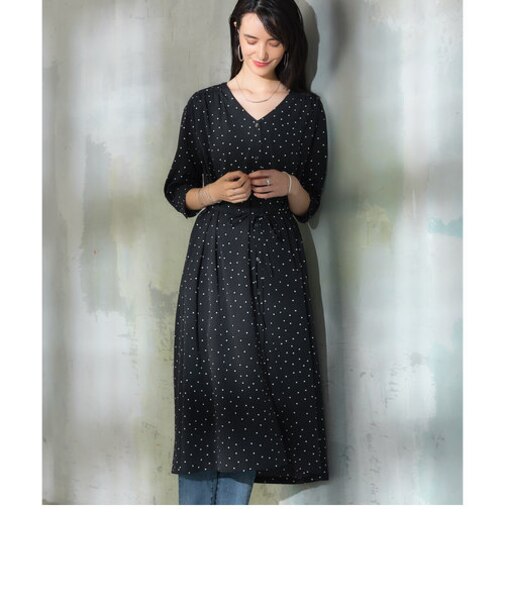 NFC ランダムドット ロング 7分袖 ワンピース