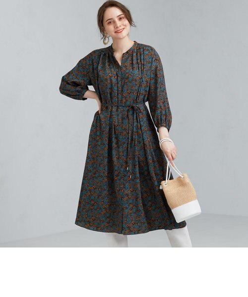 ブルーリーフラワープリント フレアカフスワンピース ボールジィ