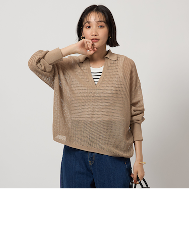 メッシュ スキッパー ニット プルオーバー -ウォッシャブル-