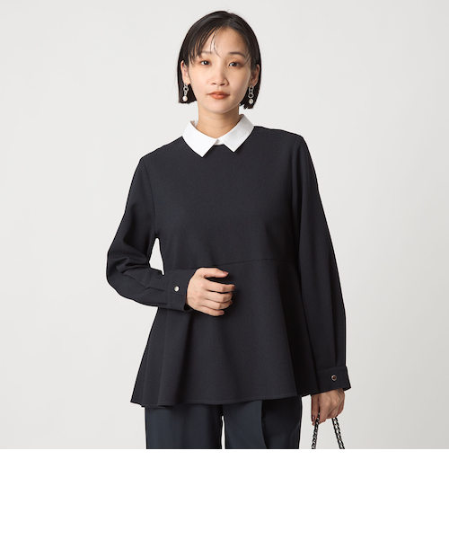 美品　ペプラム　チェックスリーブ　ライトストレッチプルオーバー 撥水加工ストレッチ布帛止水ZIPバイカラーハイネック長袖プル