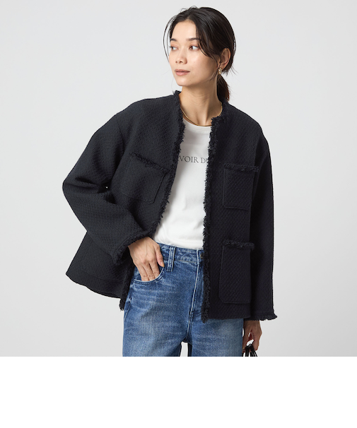 ミックスツイードライク ポケット ノーカラー ジャケット