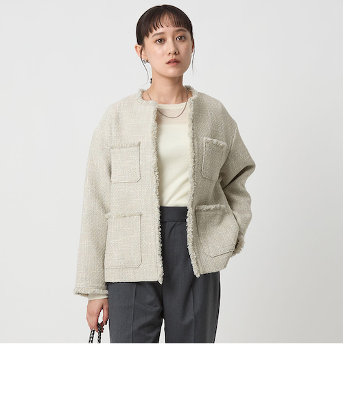 green label ツイードライクニットカーディガン　ノーカラージャケット ミックスツイードライク ポケット ノーカラー ニット ジャケット