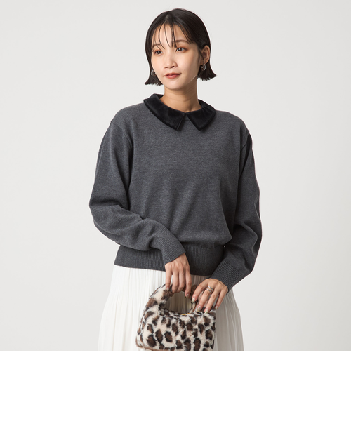 ベロア エリ 2WAY ニット プルオーバー ウォッシャブル｜グリーン