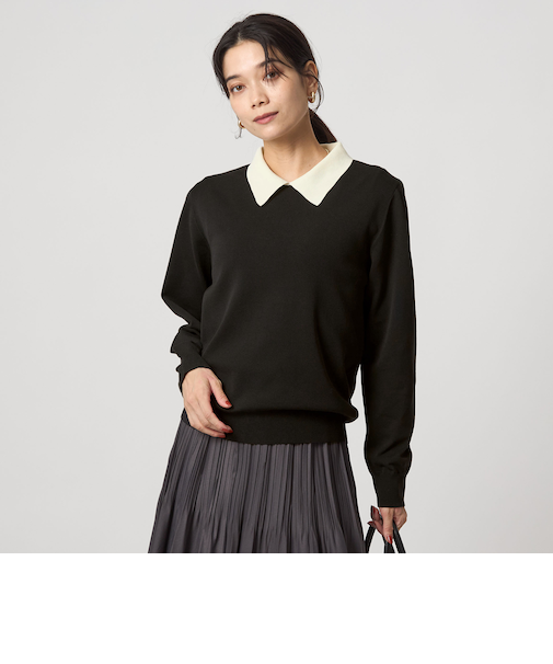 襟付き ロングスリーブ プルオーバー ニット ウォッシャブル