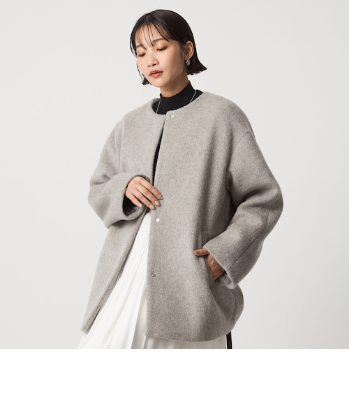 size SHORTあり］アンゴラビーバー ノーカラー ミドル コート
