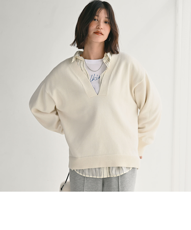 【WEB限定】＜at ease＞スキッパー プルオーバー ニット ウォッシャブル