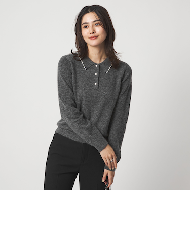 襟付き フェイクパール プルオーバー ニット ウォッシャブル