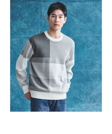カラー ブロック ジャカード クルーネック ニット