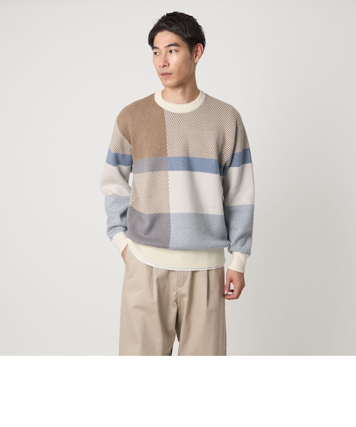 カラー ブロック ジャカード クルーネック ニット