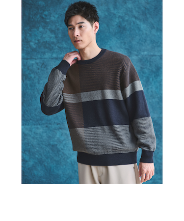 カラー ブロック ジャカード クルーネック ニット