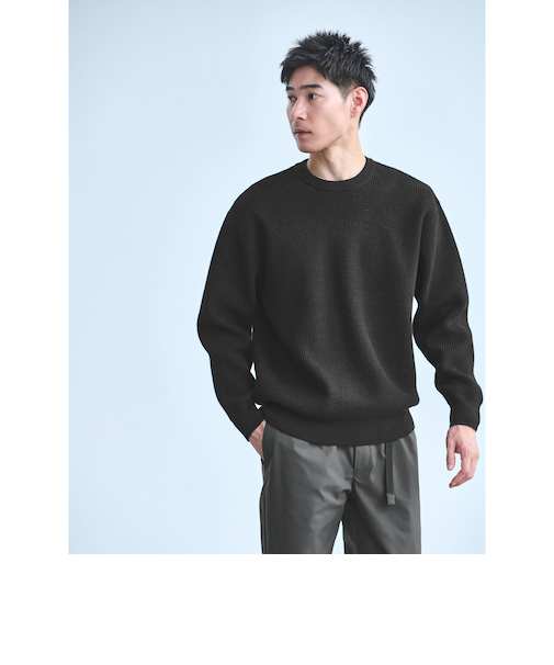 コットン ポリエステル ワッフル クルーネック ニット