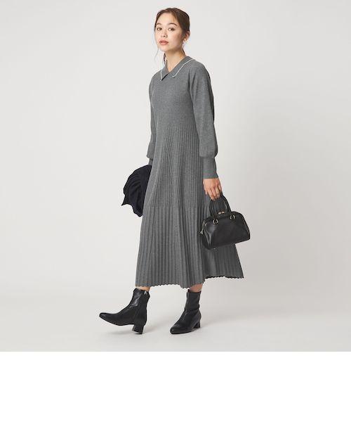 美品✨フォクシー 襟付きスキッパーニットドレス 切替半袖ワンピース グレー 38 フィット＆フレア 襟付き ニット ワンピース｜グリーンレーベル