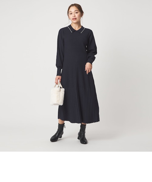 フィット＆フレア 襟付き ニット ワンピース｜グリーンレーベル