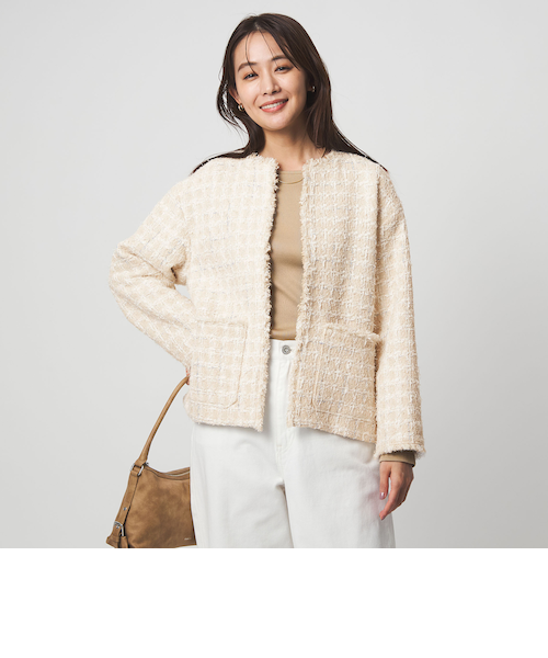 ファンシー ツイードライク ポケット ノーカラー ジャケット｜グリーン