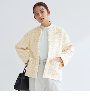 ファンシー ツイードライク ポケット ノーカラー ジャケット