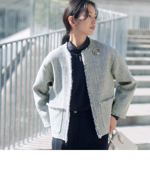 size SHORTあり］ミックス ツイードライク ポケット ノーカラー