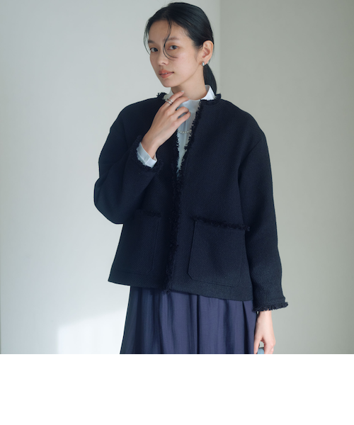 size SHORTあり］ミックス ツイードライク ポケット ノーカラー