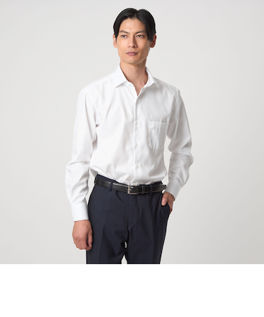 コットン シャドーストライプ クレリック ワイドカラー ドレスシャツ -イージーアイロン-