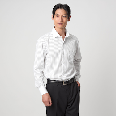 コットン ツイル ピンストライプ クレリック ワイドカラー ドレスシャツ -イージーアイロン-