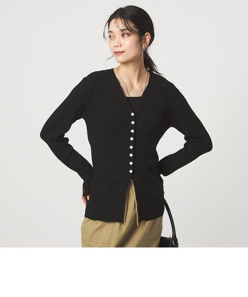 リブ ニット Vネック カーディガン ウォッシャブル