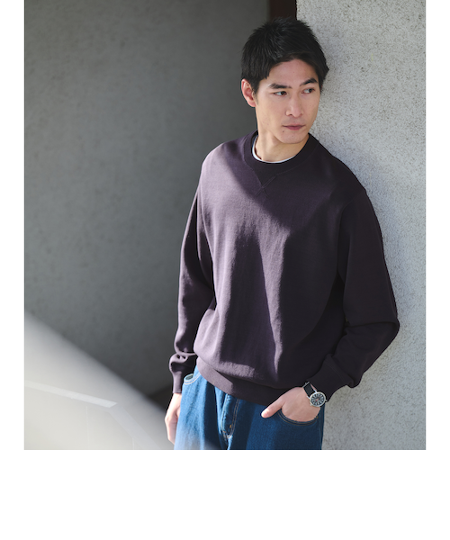 コットン シルク ミックス インレイ クルーネック ニット｜グリーン