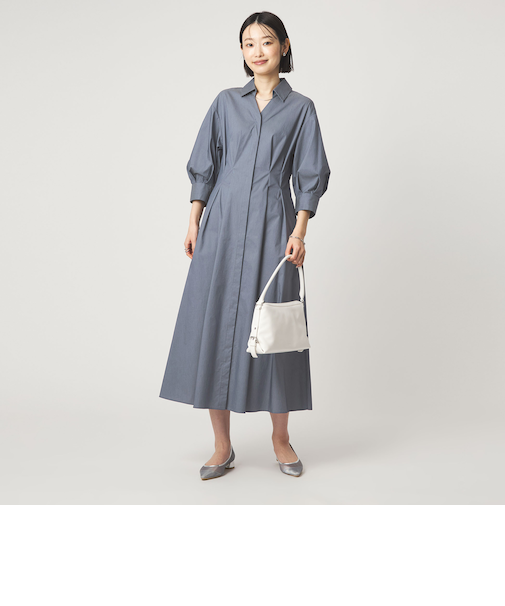シャツ襟 フィット＆フレア タック 5分袖 ワンピース