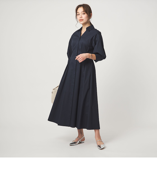シャツ襟 フィット＆フレア タック 5分袖 ワンピース