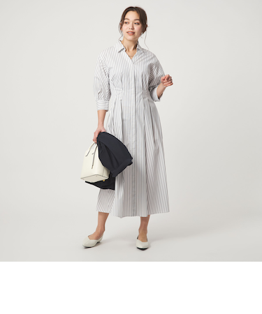 シャツ襟 フィット＆フレア タック 5分袖 ワンピース