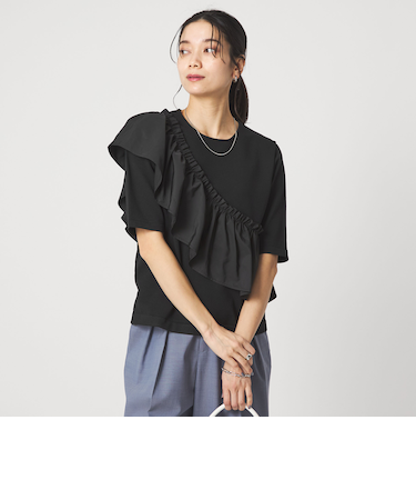 フリル ドッキング 5分袖 ニット プルオーバー ウォッシャブル