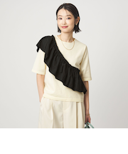 フリル ドッキング 5分袖 ニット プルオーバー ウォッシャブル