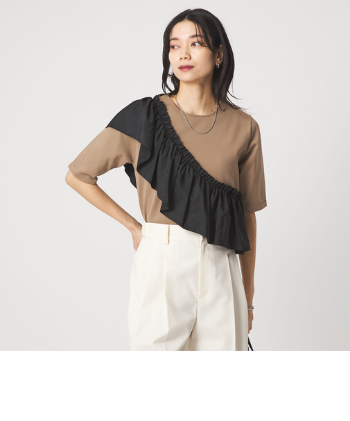 フリル ドッキング 5分袖 ニット プルオーバー ウォッシャブル