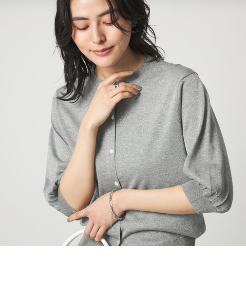 ラメ フォルム ハーフスリーブ ニット カーディガン ウォッシャブル