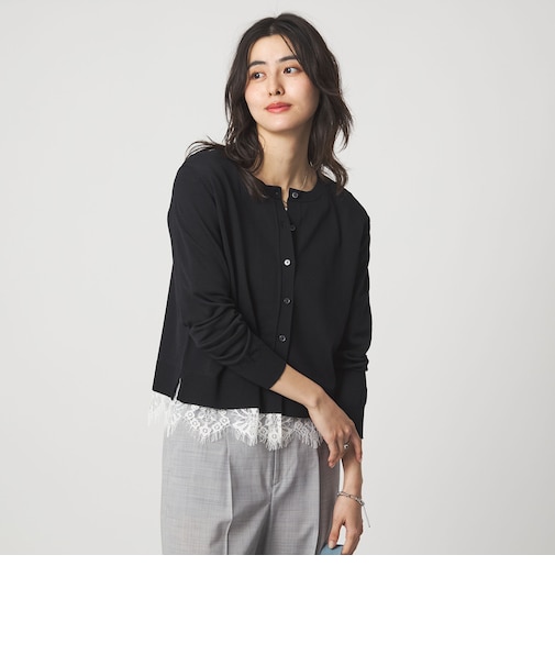 裾レース ドッキング ニット カーディガン